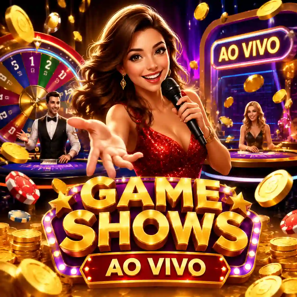 Apresentador de game show ao vivo interagindo com jogadores